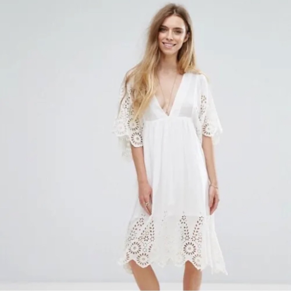 Ganni Ivory White Eyelet Trimmed V Neck Mini Dress US S